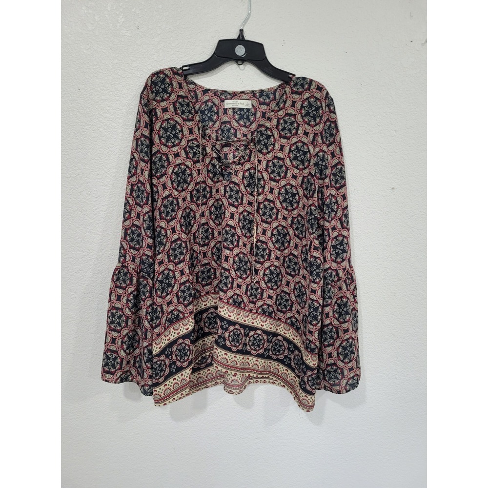 Abercrombie & Fitch Womens Long‎ Sleeve Geometric Print Lace Up Tunic Top L #19